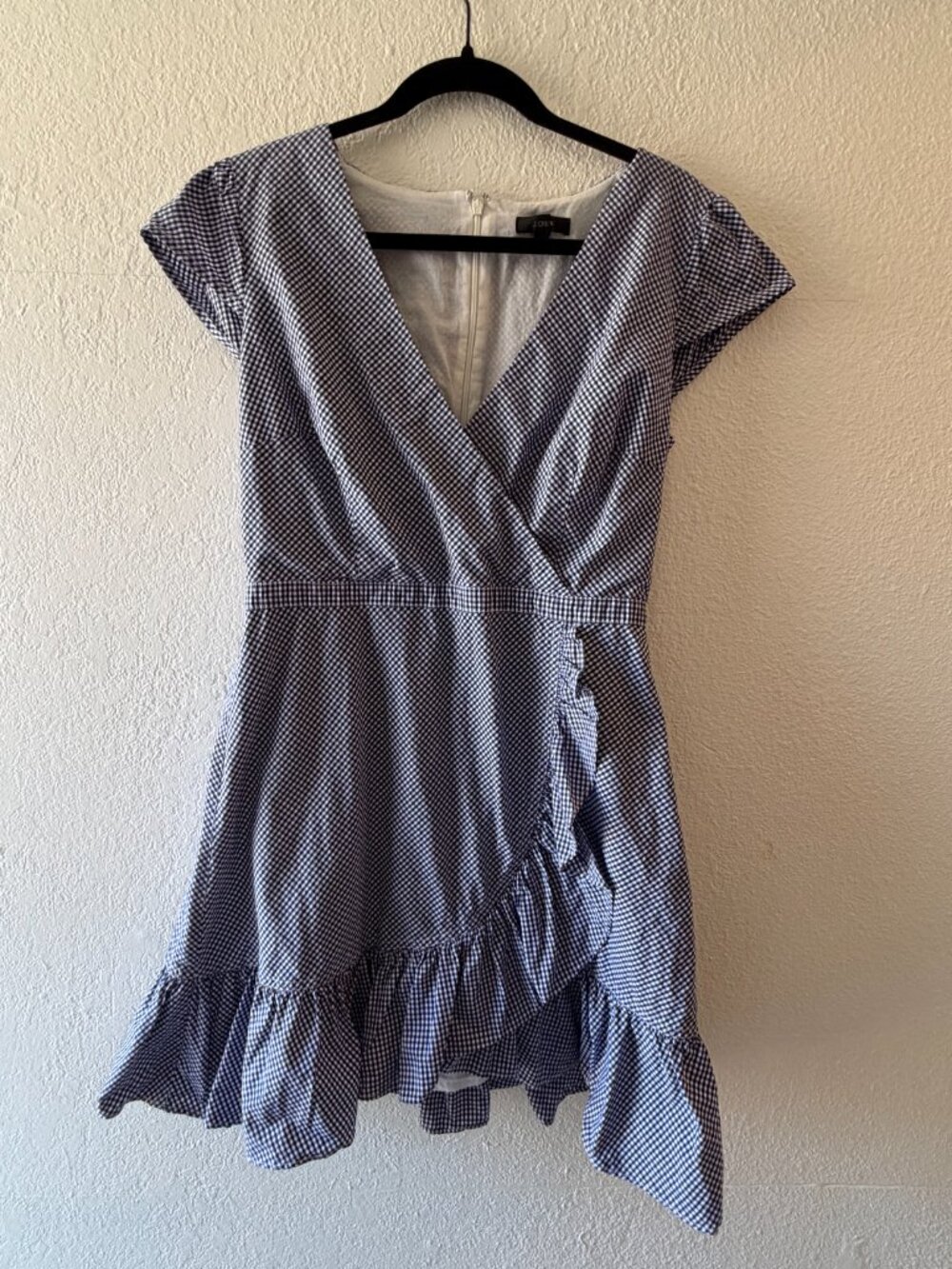 J Crew Faux Wrap Ruffle Gingham Dress, Size 8